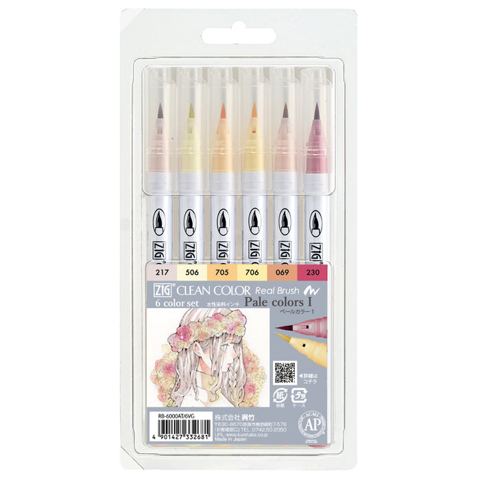 ZIG Clean Color Real Brush Pale Color I., 6 Colors Set (RB-6000AT/6VG)