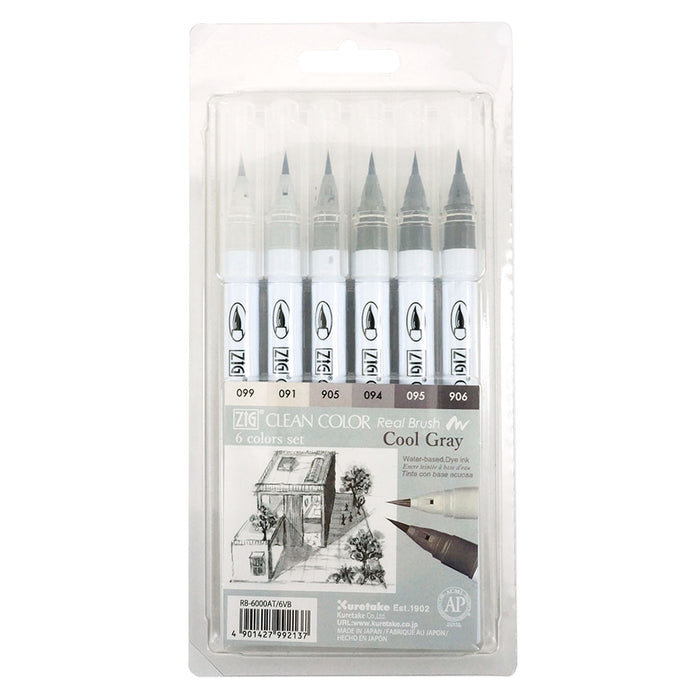 ZIG Clean Color Real Brush Cool Grey 6 Colors Set (RB-6000AT/6VB)